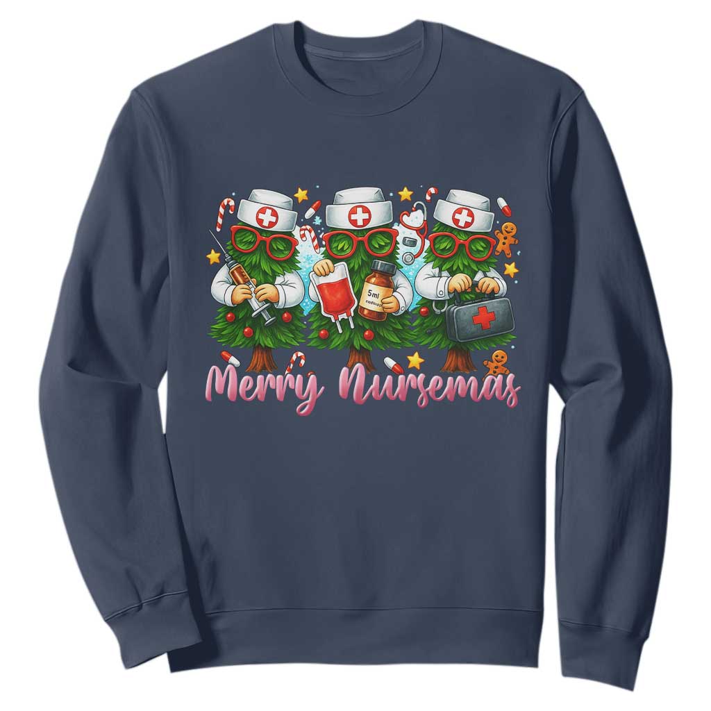 Christmas Nurse Sweatshirt Funny Merry Nursemas Pine Tree TS12 Navy Print Your Wear