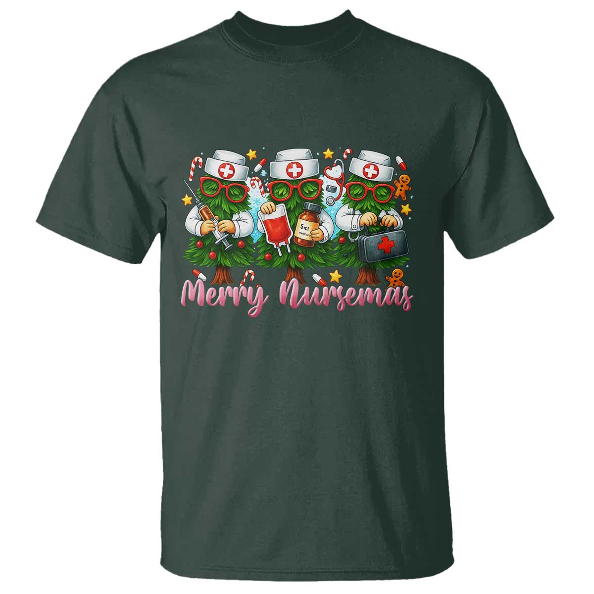 Christmas Nurse T Shirt Funny Merry Nursemas Pine Tree TS12 Dark Forest Green Print Your Wear