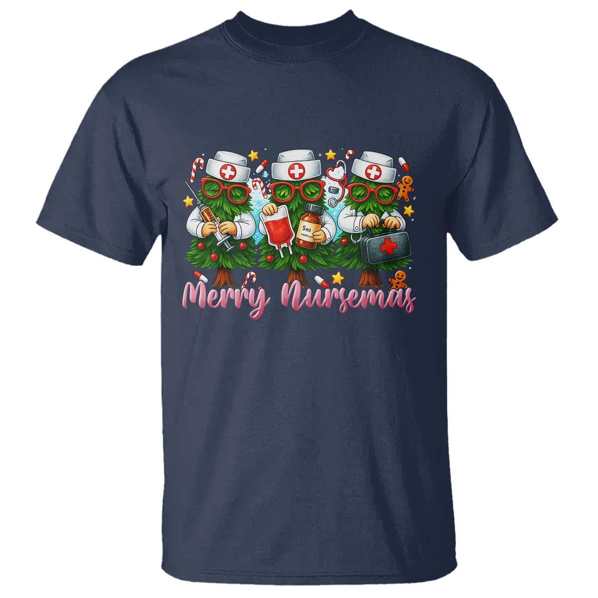 Christmas Nurse T Shirt Funny Merry Nursemas Pine Tree TS12 Navy Print Your Wear