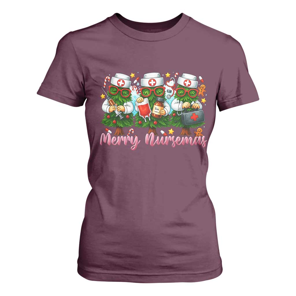 Christmas Nurse T Shirt For Women Funny Merry Nursemas Pine Tree TS12 Maroon Print Your Wear