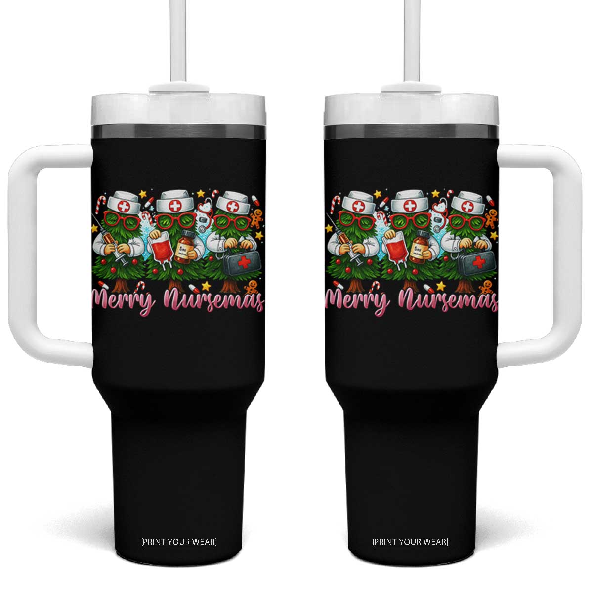 Christmas Nurse Tumbler With Handle Funny Merry Nursemas Pine Tree TS12 One Size: 40 oz Black Print Your Wear