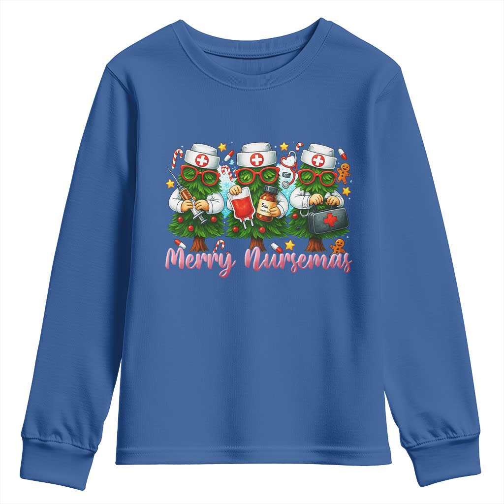Christmas Nurse Youth Sweatshirt Funny Merry Nursemas Pine Tree TS12 Royal Blue Print Your Wear