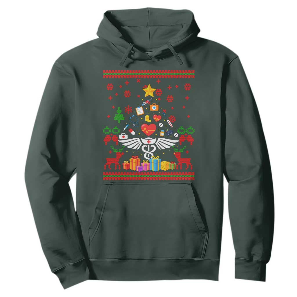 Funny Christmas Healthcare Worker Hoodie Nurses And Doctors Pine Tree TS12 Dark Forest Green Print Your Wear