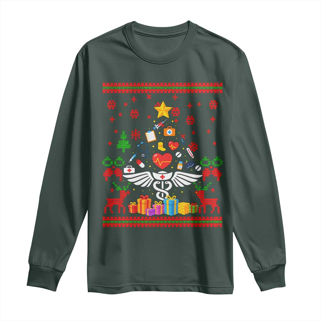 Funny Christmas Healthcare Worker Long Sleeve Shirt Nurses And Doctors Pine Tree TS12 Dark Forest Green Print Your Wear