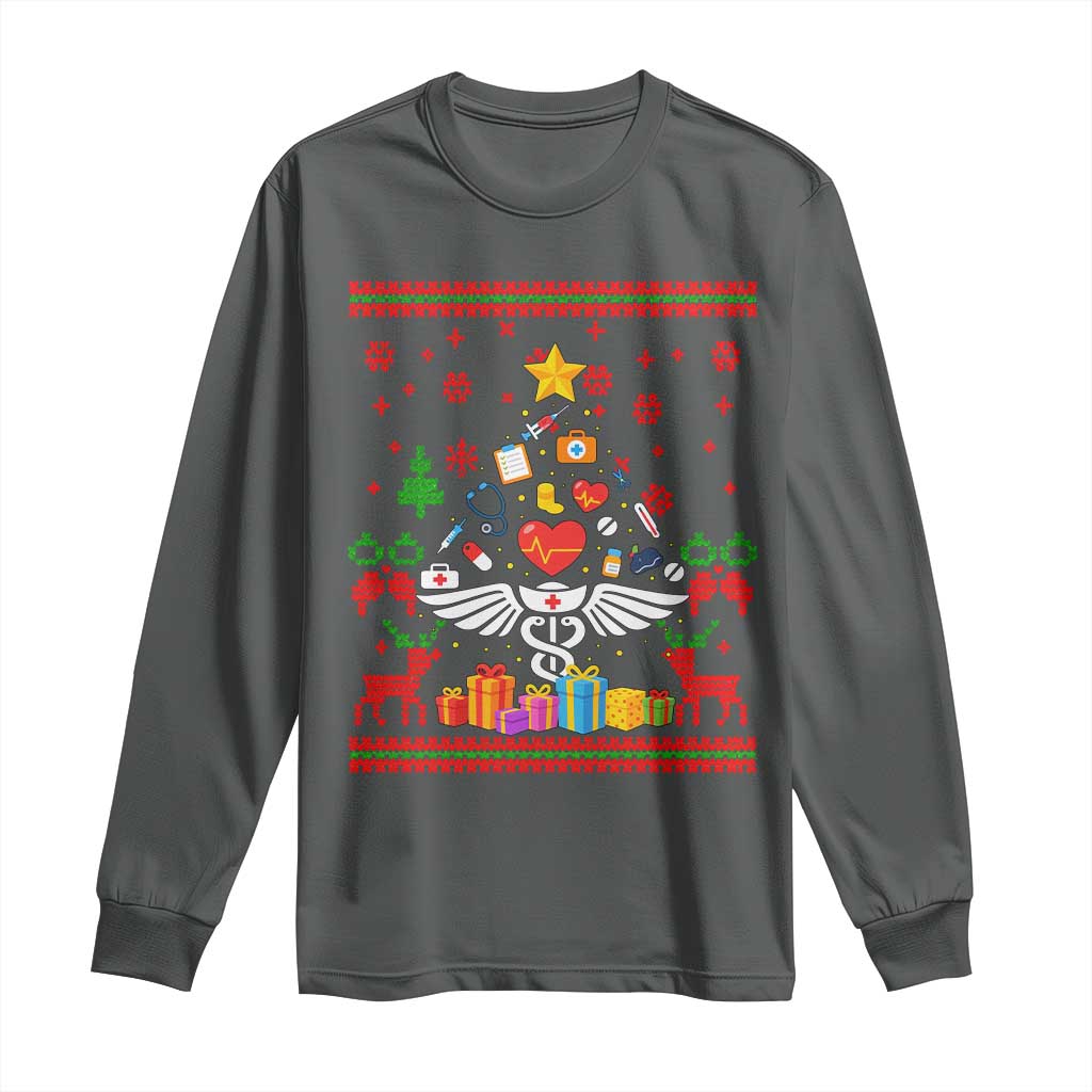 Funny Christmas Healthcare Worker Long Sleeve Shirt Nurses And Doctors Pine Tree TS12 Dark Heather Print Your Wear