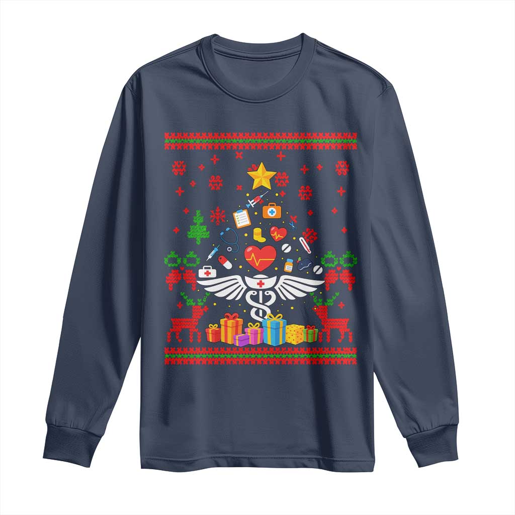 Funny Christmas Healthcare Worker Long Sleeve Shirt Nurses And Doctors Pine Tree TS12 Navy Print Your Wear