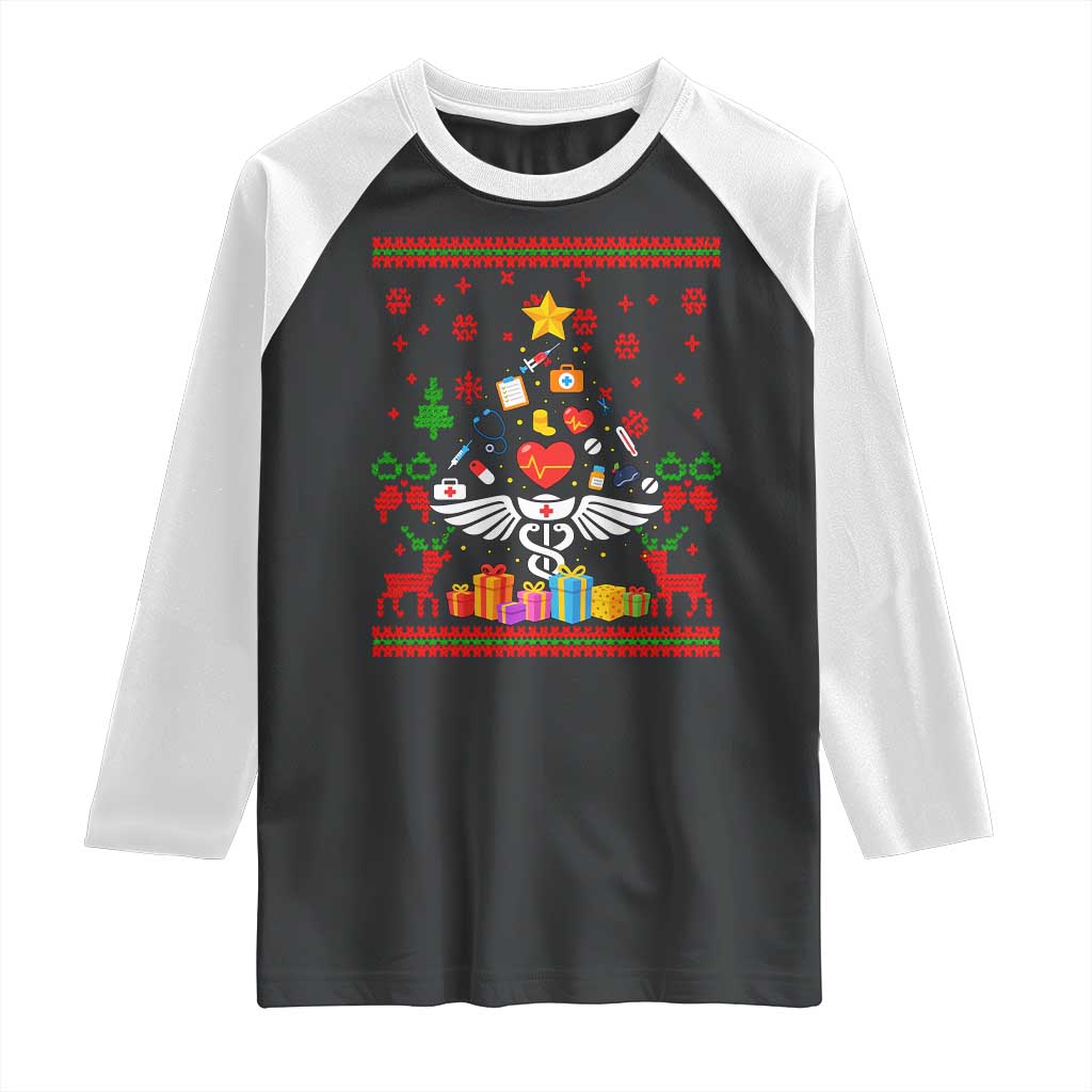 Funny Christmas Healthcare Worker Raglan Shirt Nurses And Doctors Pine Tree TS12 Black White Print Your Wear