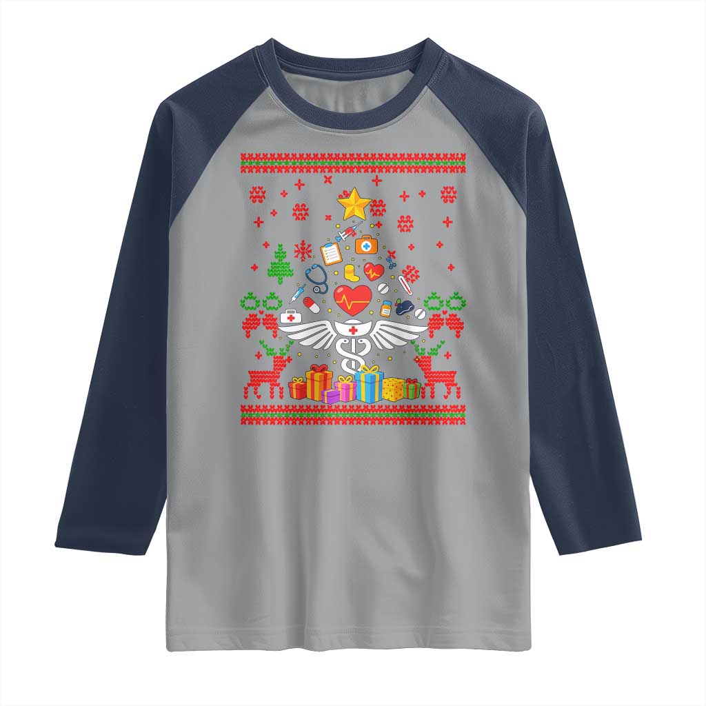 Funny Christmas Healthcare Worker Raglan Shirt Nurses And Doctors Pine Tree TS12 Sport Gray Navy Print Your Wear