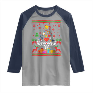 Funny Christmas Healthcare Worker Raglan Shirt Nurses And Doctors Pine Tree TS12 Sport Gray Navy Print Your Wear