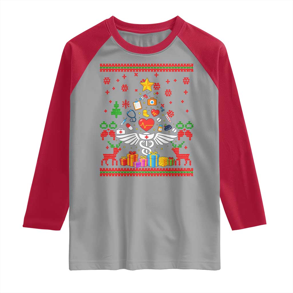 Funny Christmas Healthcare Worker Raglan Shirt Nurses And Doctors Pine Tree TS12 Sport Gray Red Print Your Wear