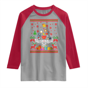 Funny Christmas Healthcare Worker Raglan Shirt Nurses And Doctors Pine Tree TS12 Sport Gray Red Print Your Wear