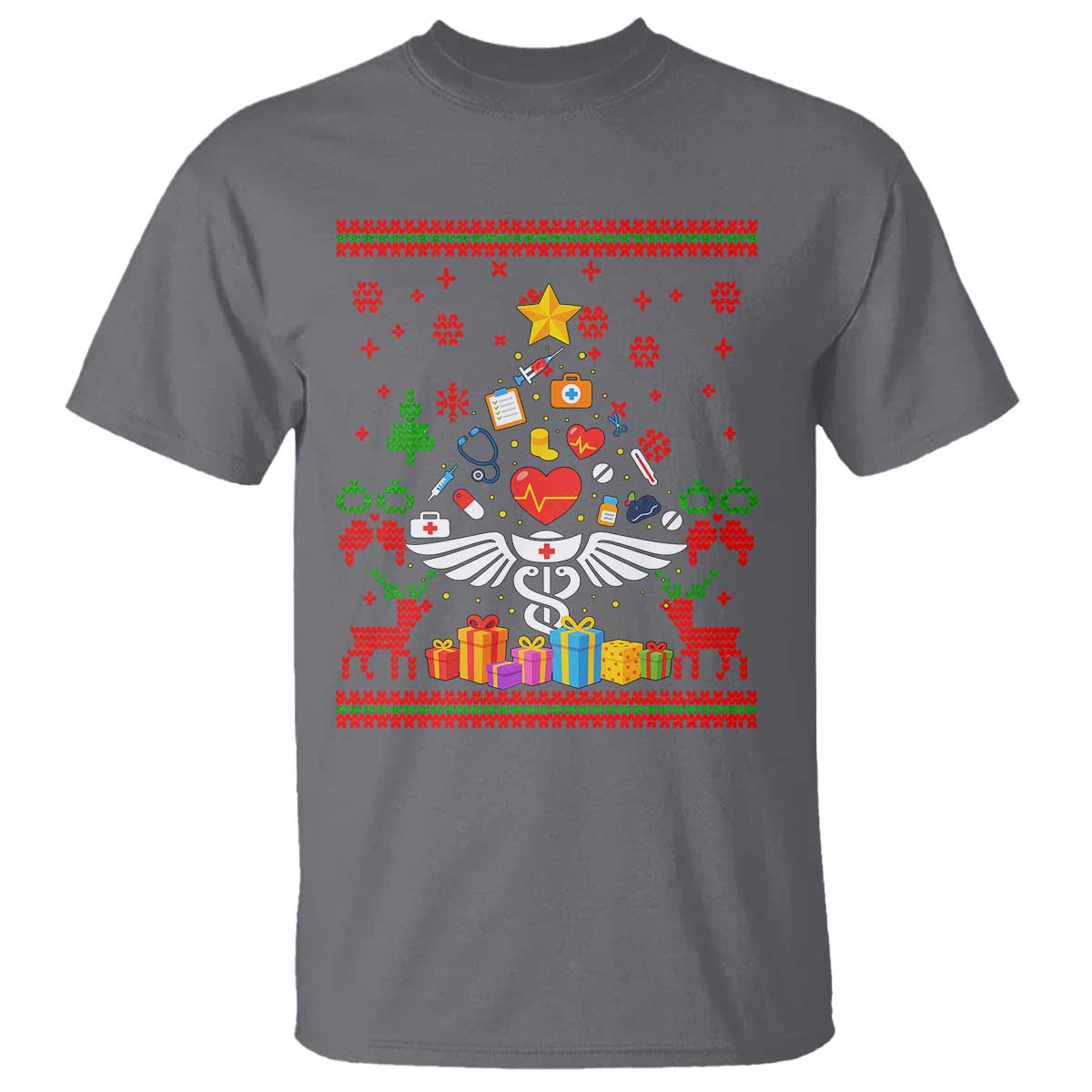 Funny Christmas Healthcare Worker T Shirt Nurses And Doctors Pine Tree TS12 Charcoal Print Your Wear
