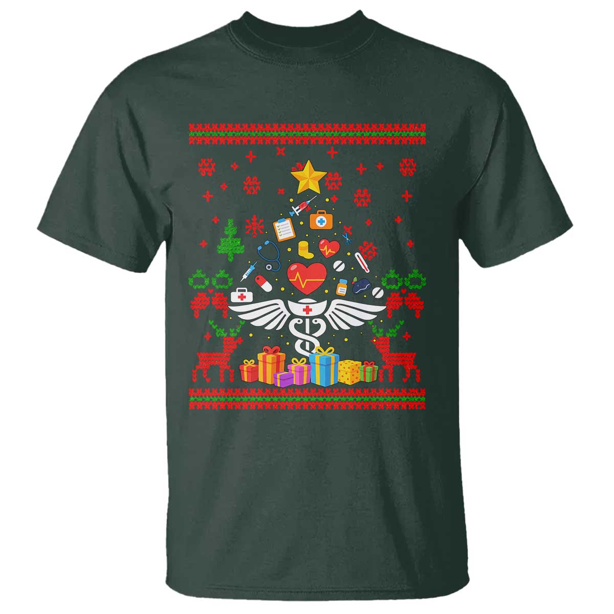 Funny Christmas Healthcare Worker T Shirt Nurses And Doctors Pine Tree TS12 Dark Forest Green Print Your Wear
