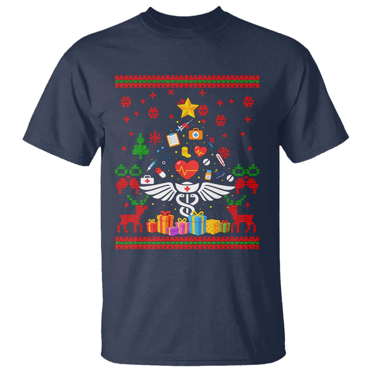 Funny Christmas Healthcare Worker T Shirt Nurses And Doctors Pine Tree TS12 Navy Print Your Wear