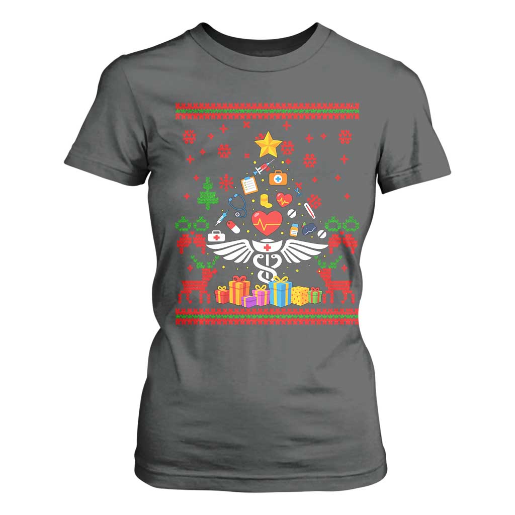 Funny Christmas Healthcare Worker T Shirt For Women Nurses And Doctors Pine Tree TS12 Dark Heather Print Your Wear