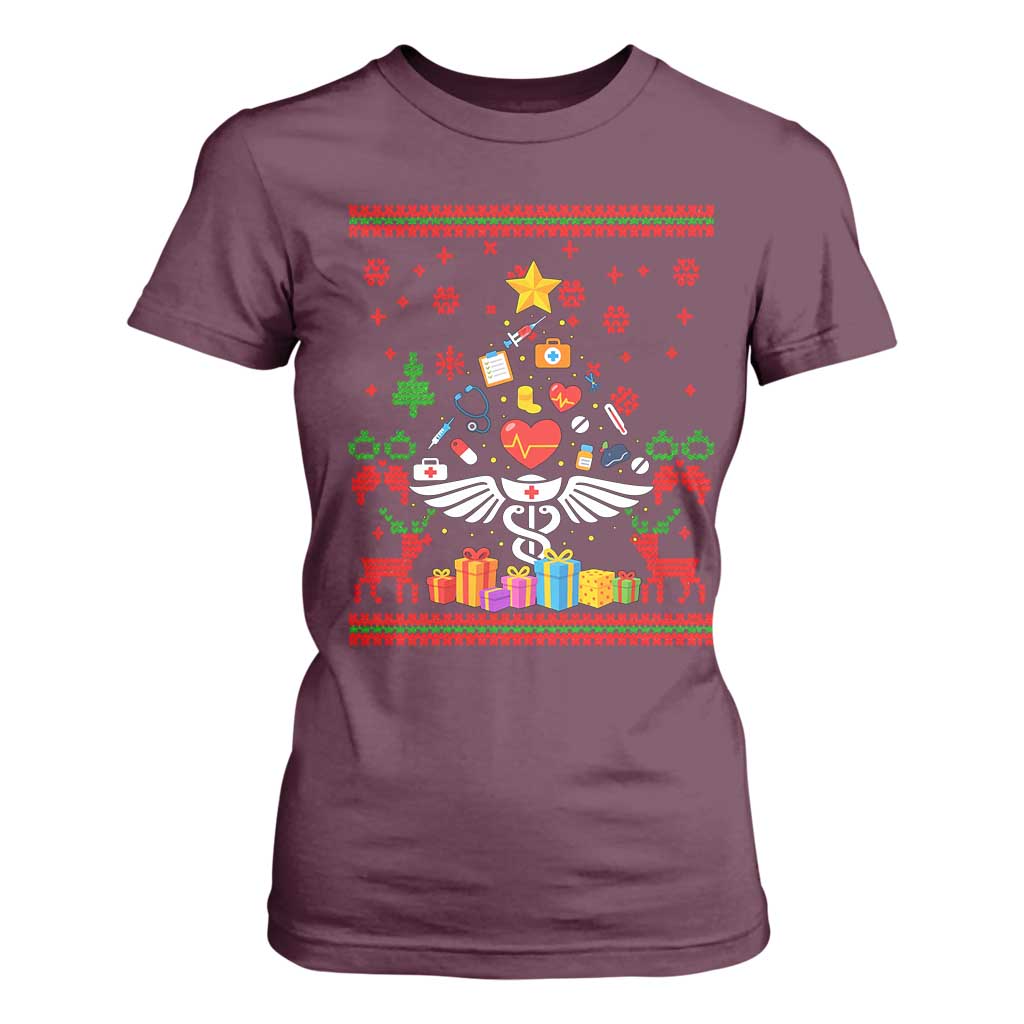 Funny Christmas Healthcare Worker T Shirt For Women Nurses And Doctors Pine Tree TS12 Maroon Print Your Wear