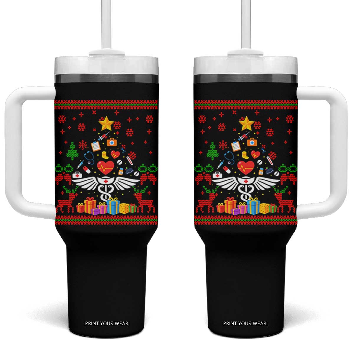 Funny Christmas Healthcare Worker Tumbler With Handle Nurses And Doctors Pine Tree TS12 One Size: 40 oz Black Print Your Wear
