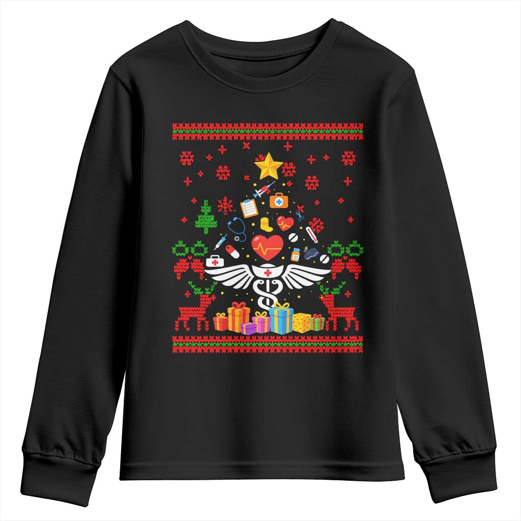 Funny Christmas Healthcare Worker Youth Sweatshirt Nurses And Doctors Pine Tree TS12 Black Print Your Wear