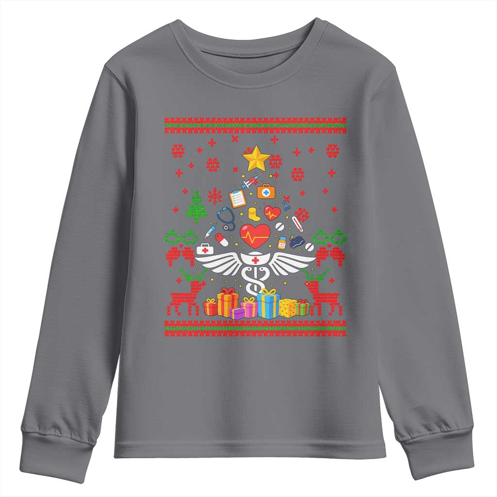 Funny Christmas Healthcare Worker Youth Sweatshirt Nurses And Doctors Pine Tree TS12 Charcoal Print Your Wear