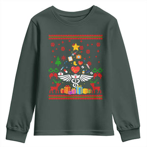Funny Christmas Healthcare Worker Youth Sweatshirt Nurses And Doctors Pine Tree TS12 Dark Forest Green Print Your Wear
