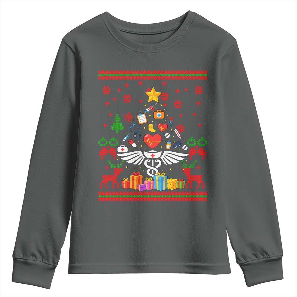 Funny Christmas Healthcare Worker Youth Sweatshirt Nurses And Doctors Pine Tree TS12 Dark Heather Print Your Wear