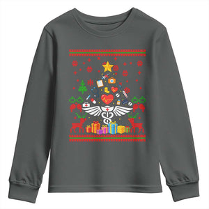 Funny Christmas Healthcare Worker Youth Sweatshirt Nurses And Doctors Pine Tree TS12 Dark Heather Print Your Wear