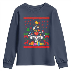 Funny Christmas Healthcare Worker Youth Sweatshirt Nurses And Doctors Pine Tree TS12 Navy Print Your Wear