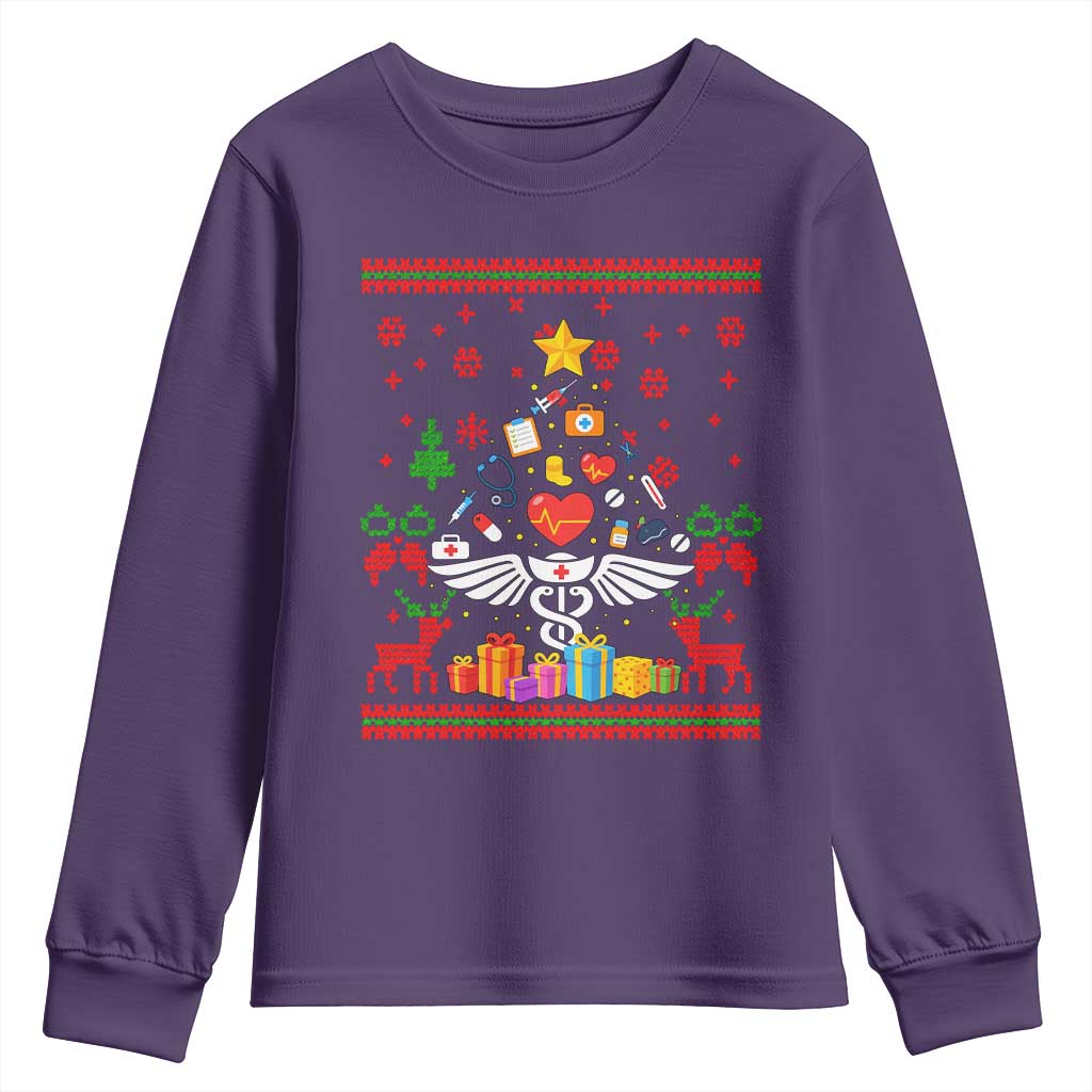Funny Christmas Healthcare Worker Youth Sweatshirt Nurses And Doctors Pine Tree TS12 Purple Print Your Wear