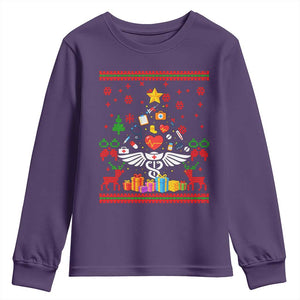 Funny Christmas Healthcare Worker Youth Sweatshirt Nurses And Doctors Pine Tree TS12 Purple Print Your Wear