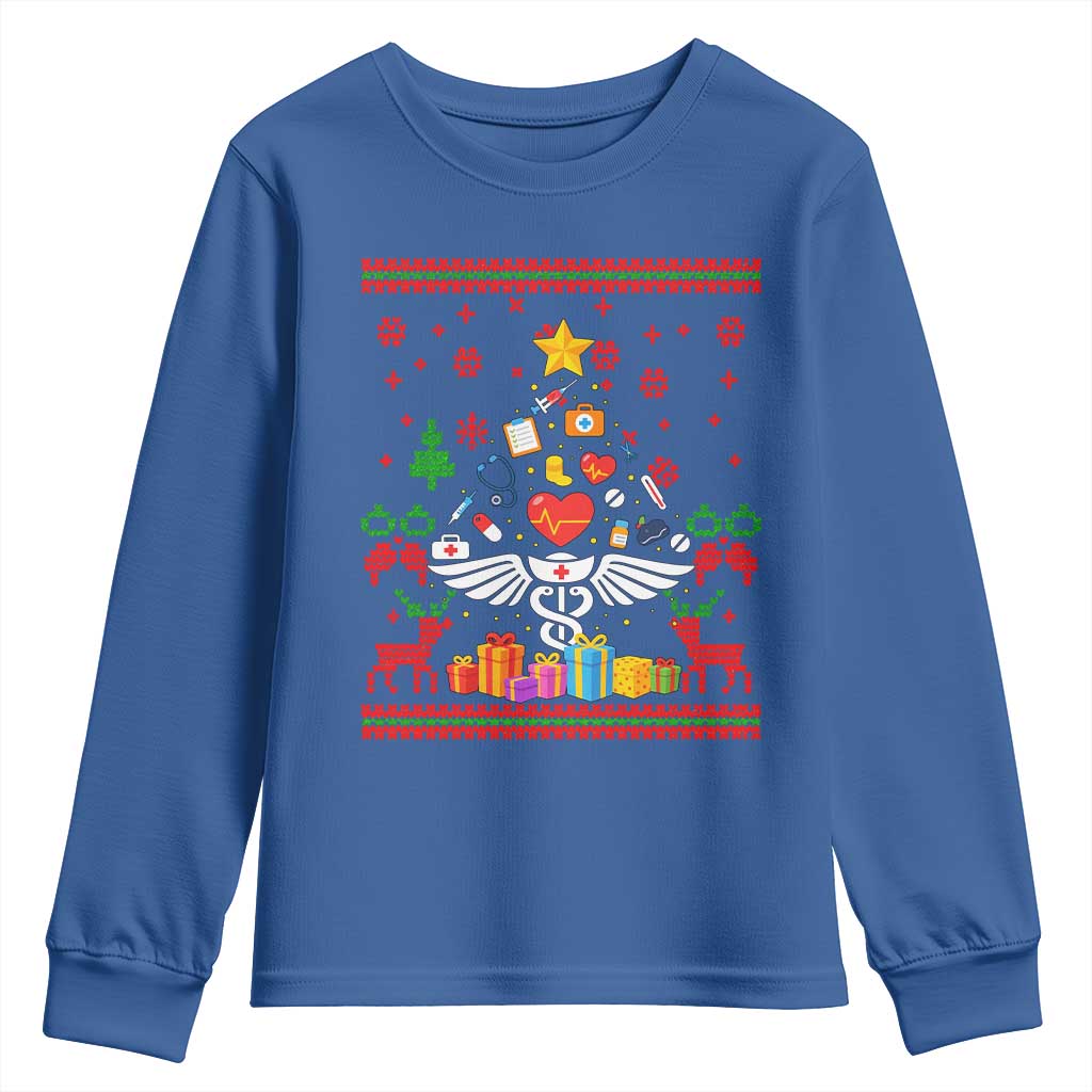 Funny Christmas Healthcare Worker Youth Sweatshirt Nurses And Doctors Pine Tree TS12 Royal Blue Print Your Wear
