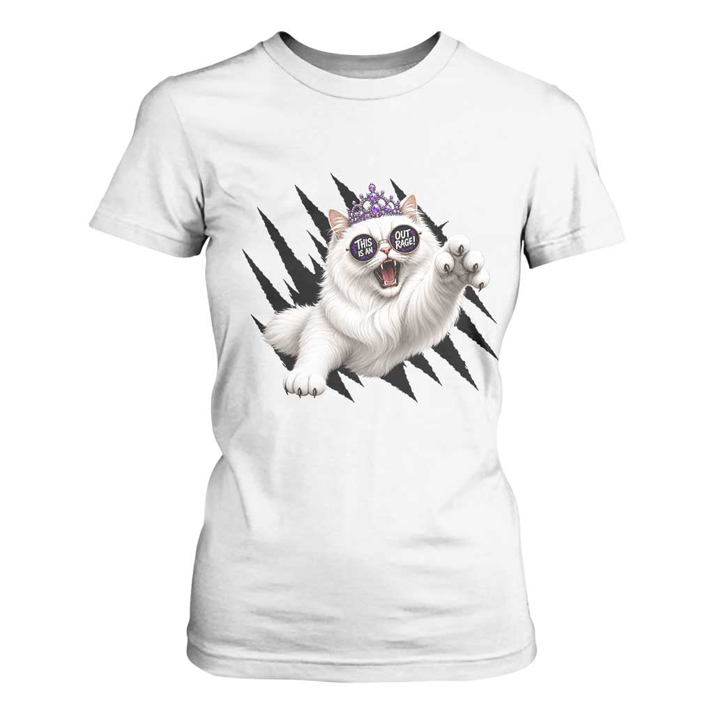 Funny Princess Cat With Featuring Scratch Effect Printed T Shirt For Women This Is An Outrage TS12 White Print Your Wear