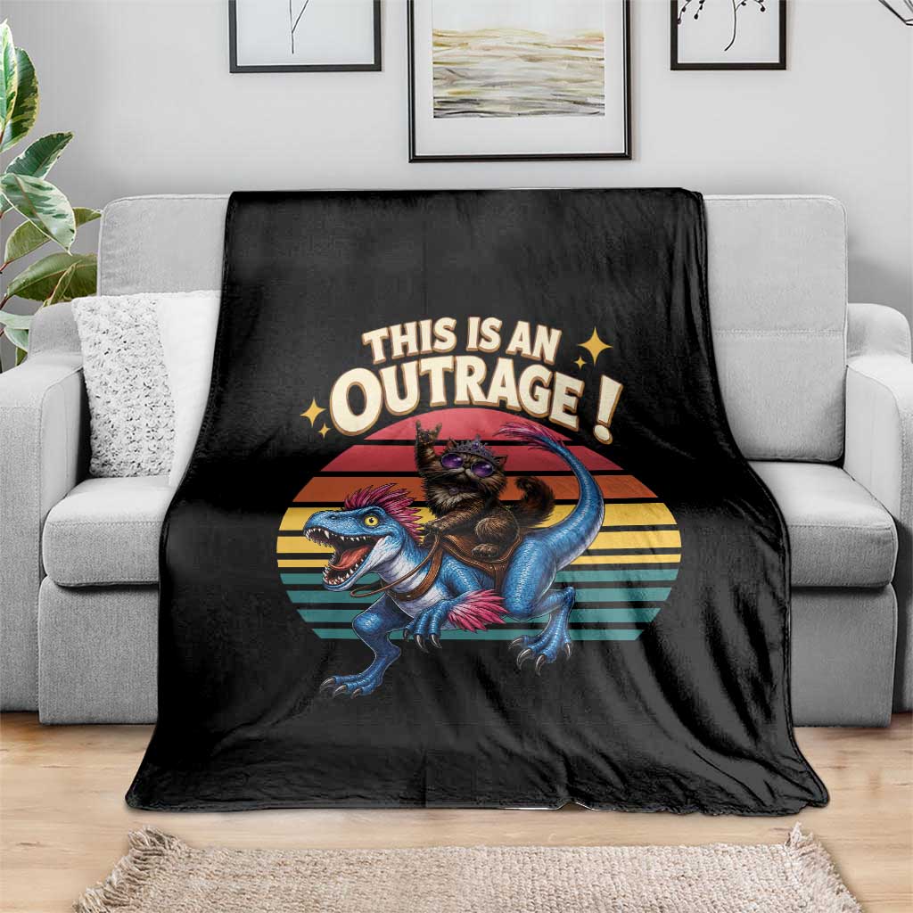 This Is An Outrage Cat Riding Dinosaur Throw Blanket Sci-Fi Book Lover Gift
