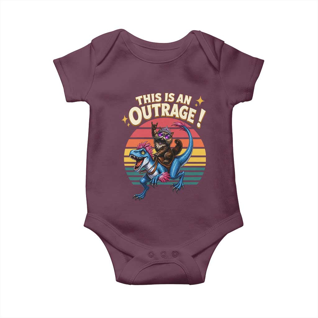 This Is An Outrage Cat Riding Dinosaur Baby Onesie Sci-Fi Book Lover Gift