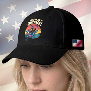 This Is An Outrage Cat Riding Dinosaur Baseball Cap Sci-Fi Book Lover Gift
