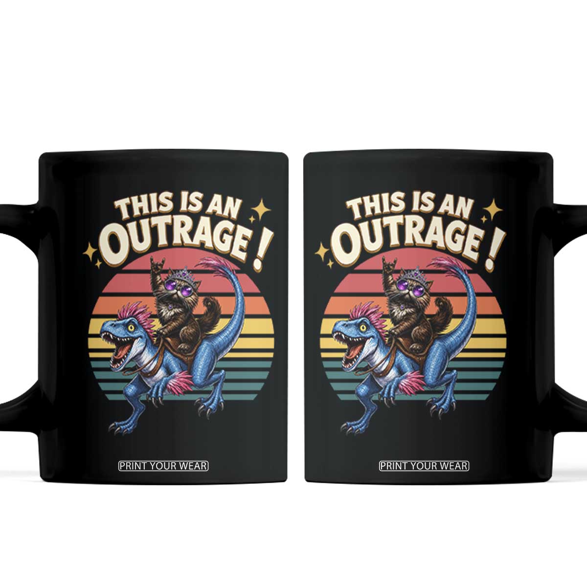 This Is An Outrage Cat Riding Dinosaur Coffee Mug Sci-Fi Book Lover Gift