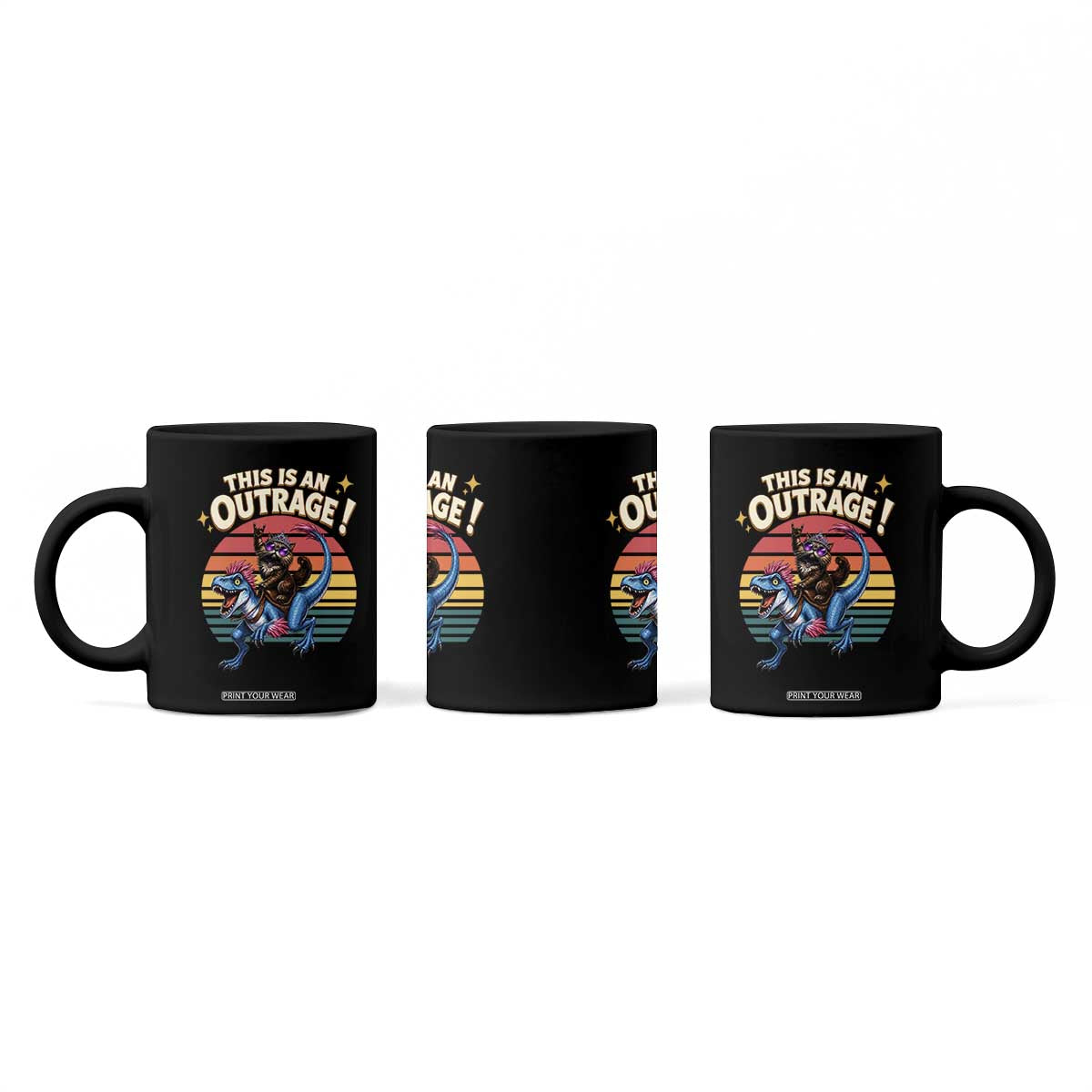 This Is An Outrage Cat Riding Dinosaur Coffee Mug Sci-Fi Book Lover Gift