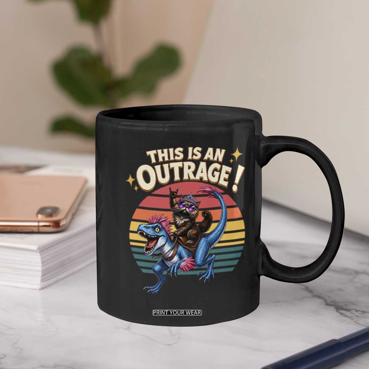 This Is An Outrage Cat Riding Dinosaur Coffee Mug Sci-Fi Book Lover Gift