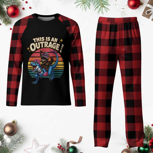 This Is An Outrage Cat Riding Dinosaur Plaid Pajama Set Sci-Fi Book Lover Gift
