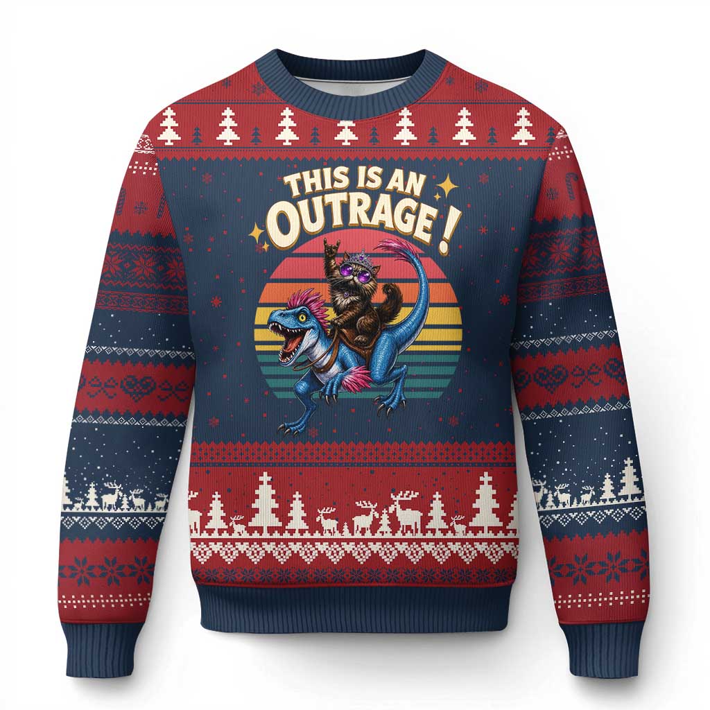 This Is An Outrage Cat Riding Dinosaur Ugly Christmas Sweater Sci-Fi Book Lover Gift