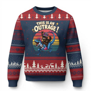 This Is An Outrage Cat Riding Dinosaur Ugly Christmas Sweater Sci-Fi Book Lover Gift