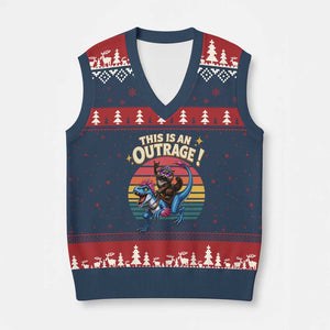 This Is An Outrage Cat Riding Dinosaur V-Neck Knit Sweater Vest Sci-Fi Book Lover Gift