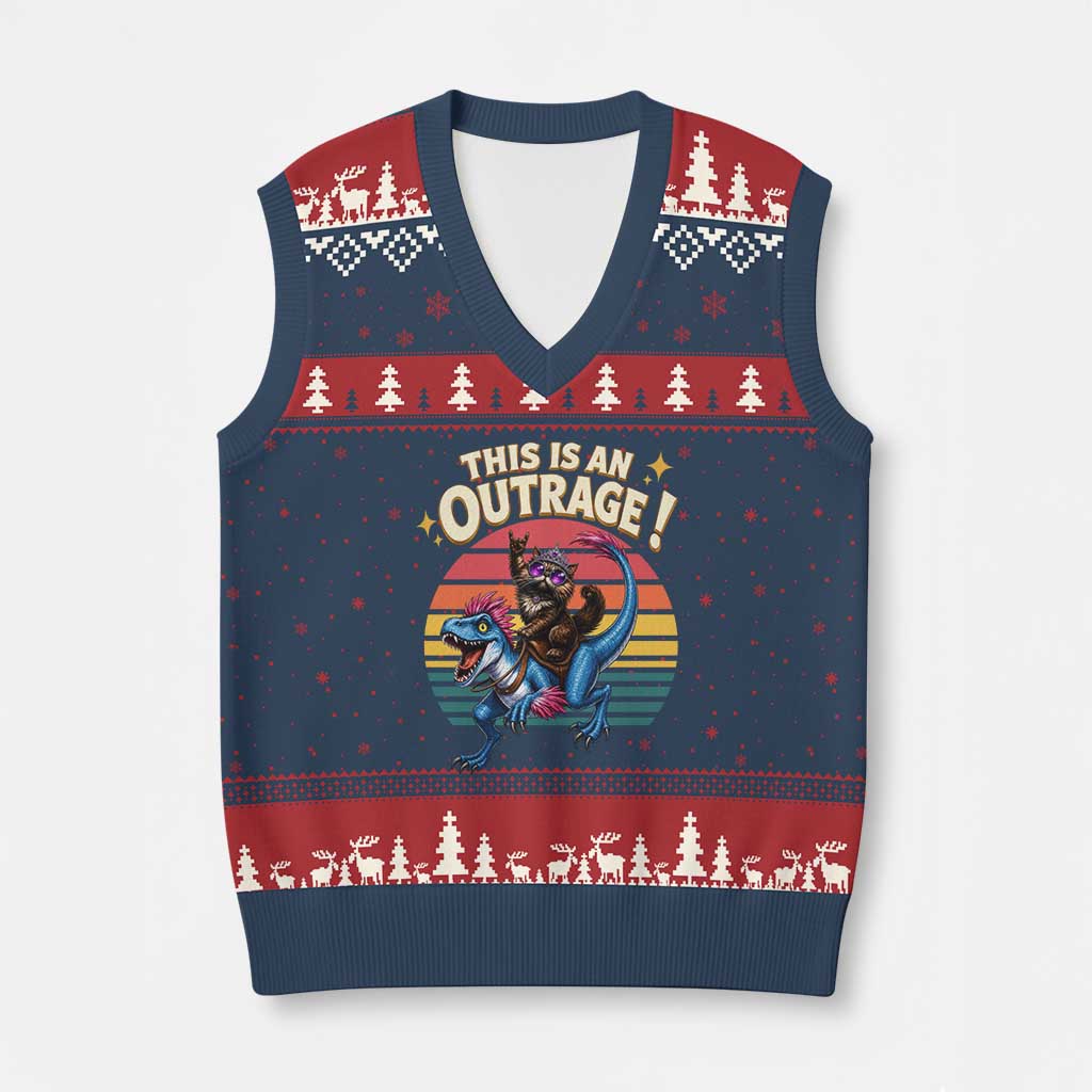 This Is An Outrage Cat Riding Dinosaur V-Neck Knit Sweater Vest Sci-Fi Book Lover Gift TS12 Navy Red Print Your Wear