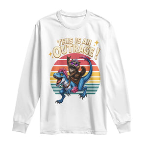 This Is An Outrage Cat Riding Dinosaur Long Sleeve Shirt Sci-Fi Book Lover Gift