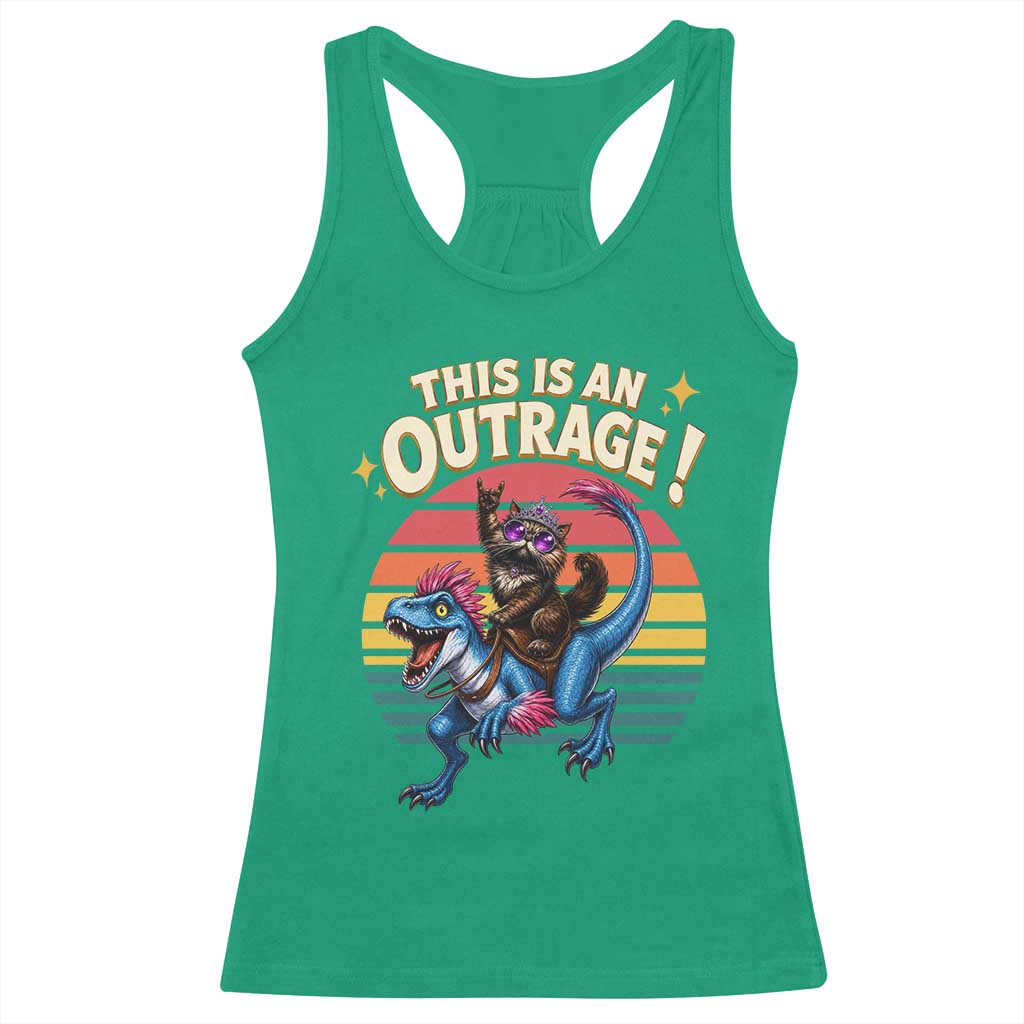 This Is An Outrage Cat Riding Dinosaur Racerback Tank Top Sci-Fi Book Lover Gift