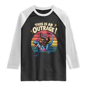This Is An Outrage Cat Riding Dinosaur Raglan Shirt Sci-Fi Book Lover Gift