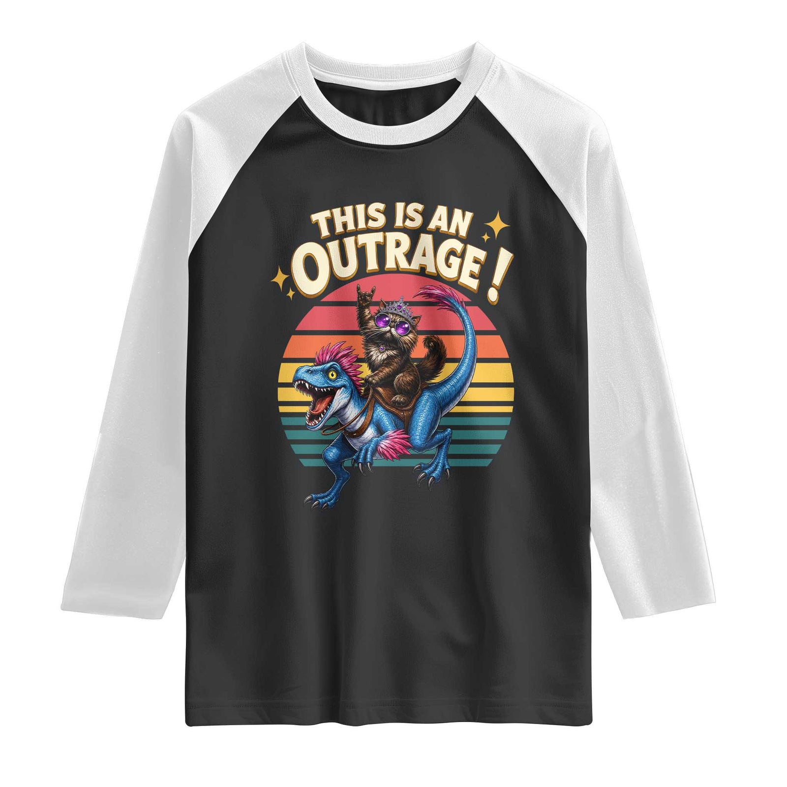 This Is An Outrage Cat Riding Dinosaur Raglan Shirt Sci-Fi Book Lover Gift TS12 Black White Print Your Wear