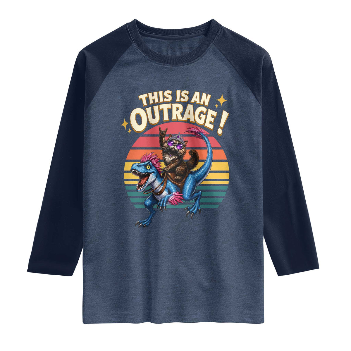 This Is An Outrage Cat Riding Dinosaur Raglan Shirt Sci-Fi Book Lover Gift