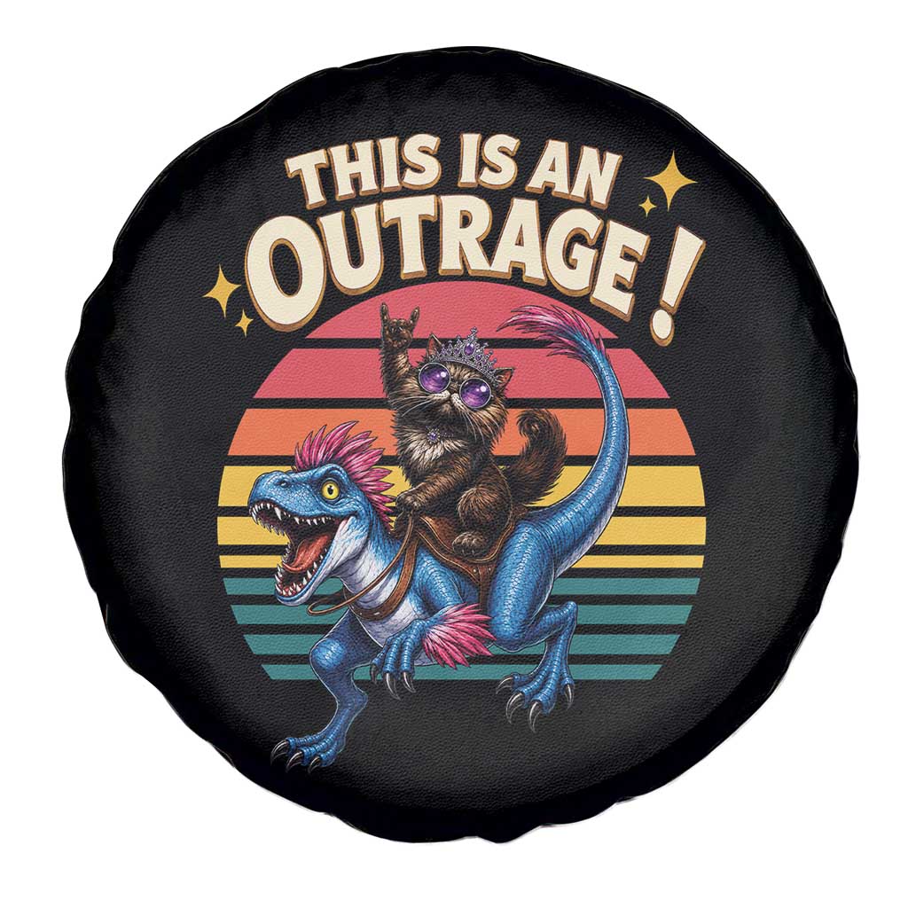 This Is An Outrage Cat Riding Dinosaur Spare Tire Cover Sci-Fi Book Lover Gift