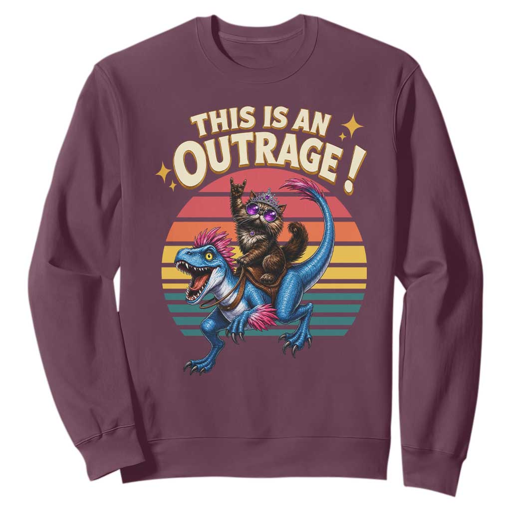 This Is An Outrage Cat Riding Dinosaur Sweatshirt Sci-Fi Book Lover Gift