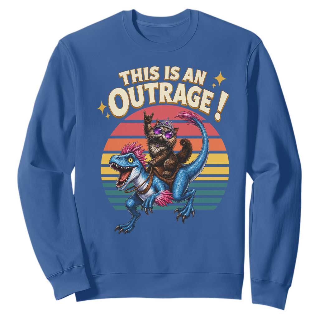This Is An Outrage Cat Riding Dinosaur Sweatshirt Sci-Fi Book Lover Gift